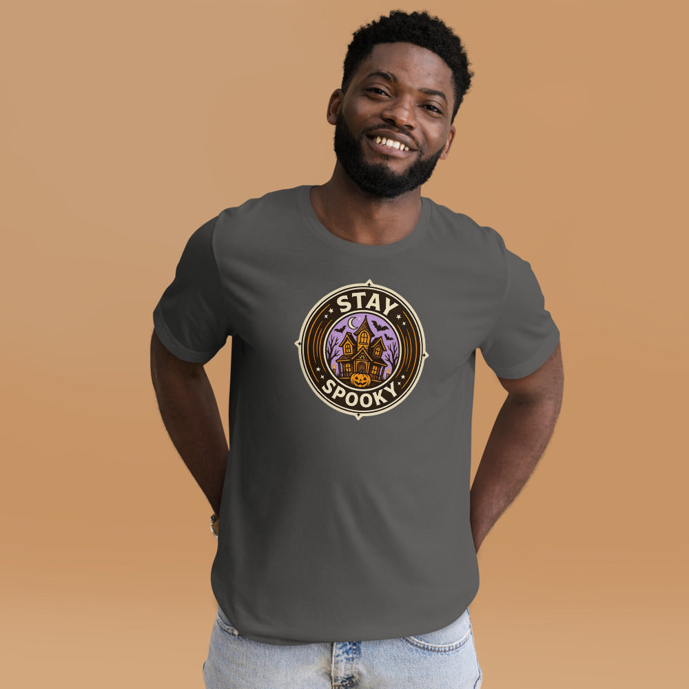 Stay Spooky retro Halloween vintage badge tee — Asphalt, on model