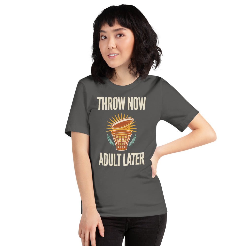 Throw Now Adult Later disc golf retro tee on model — Asphalt