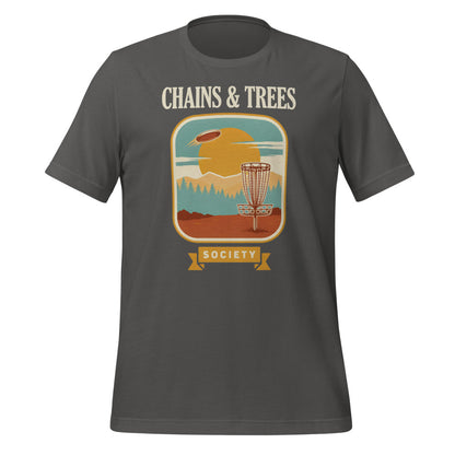 Chains & Trees Society disc golf retro landscape tee — Asphalt, front