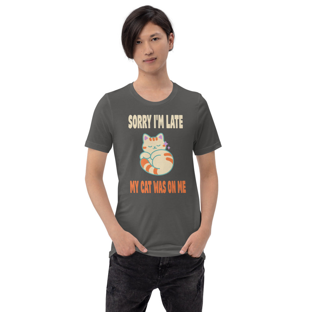 Sorry I'm Late My Cat Was On Me funny cat mom t-shirt — Asphalt, on model