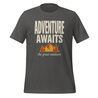 Adventure Awaits retro outdoors typography tee — Asphalt, front