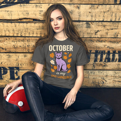 October Is My Love Language retro Halloween black cat tee — Asphalt, on model