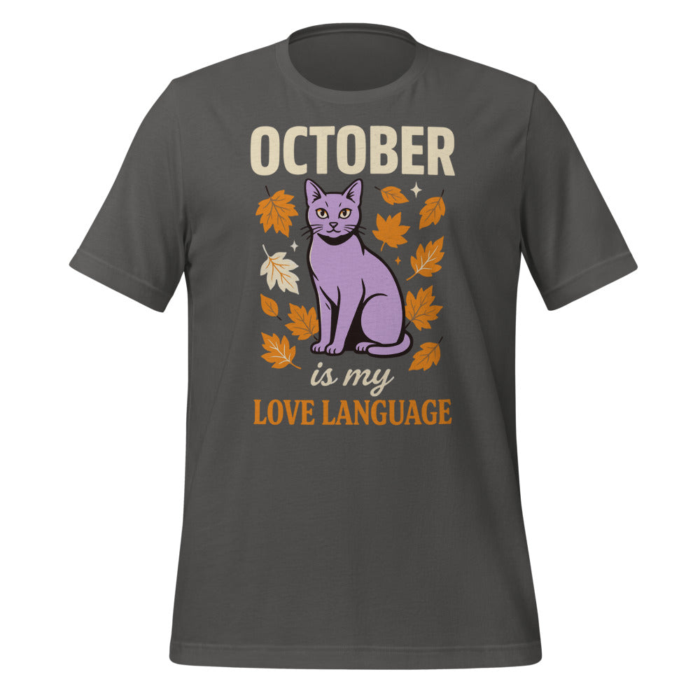 October Is My Love Language retro Halloween black cat tee — Asphalt, front