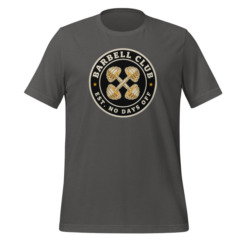 Barbell Club No Days Off vintage gym tee — Asphalt, front