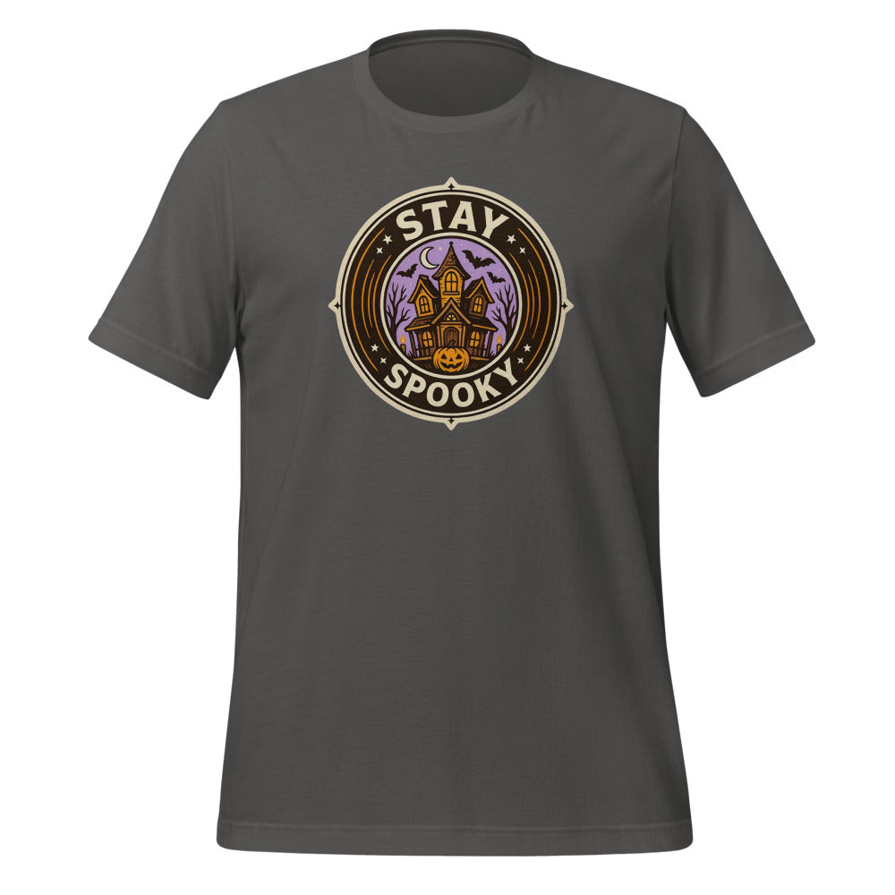 Stay Spooky retro Halloween vintage badge tee — Asphalt, front