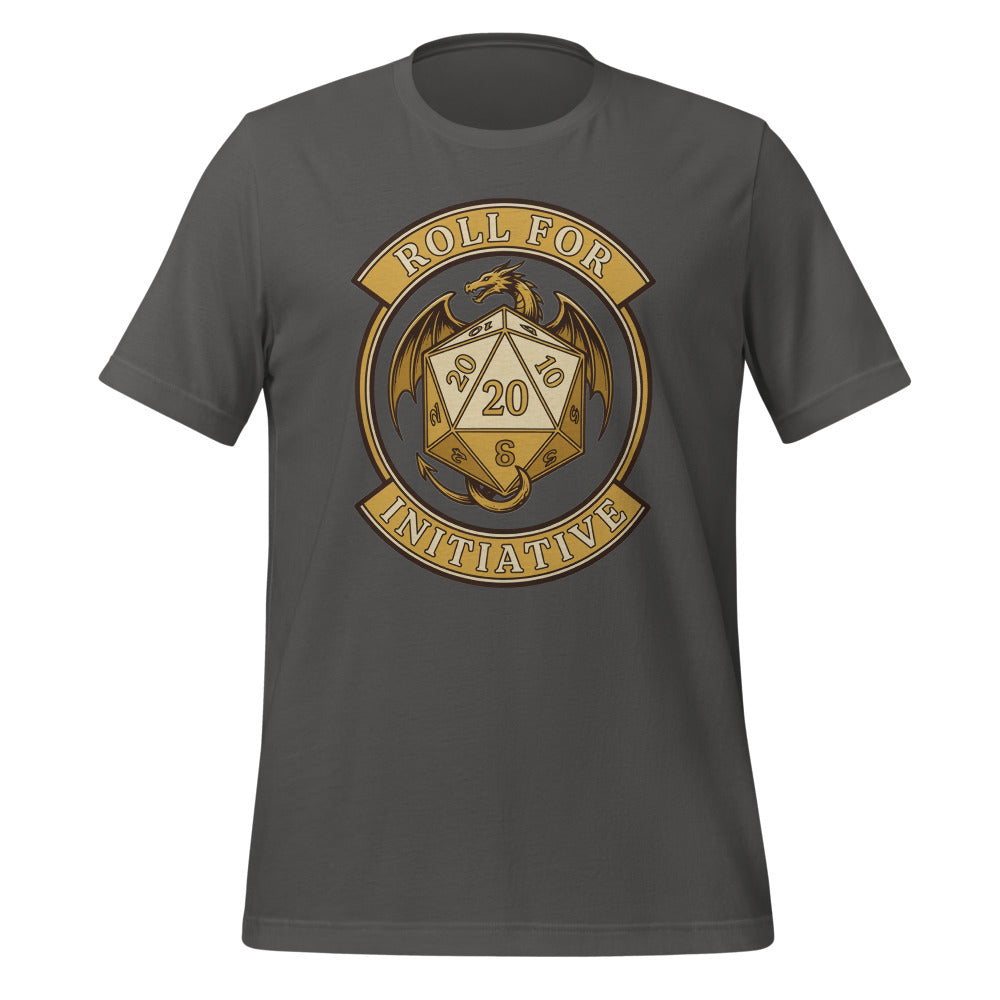 Roll For Initiative d20 dragon tabletop RPG tee — Asphalt, front