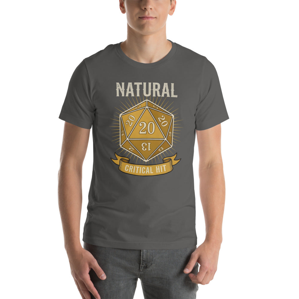 Natural 20 critical hit d20 tabletop RPG tee — Asphalt, on model