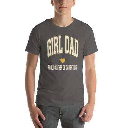 Girl Dad retro varsity tee — Asphalt, on model