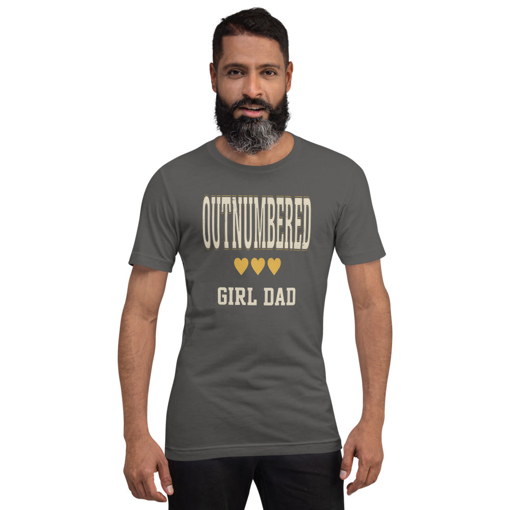 Girl Dad Outnumbered & Proud tee — Asphalt, on model