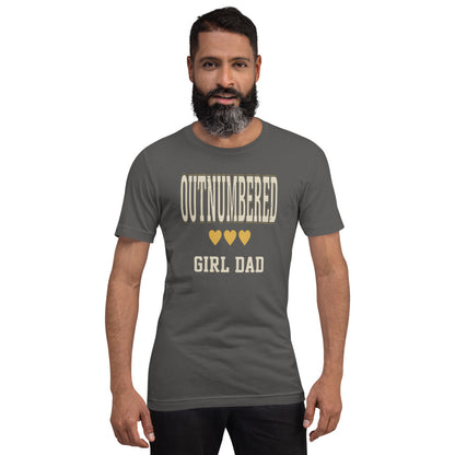 Girl Dad Outnumbered & Proud tee — Asphalt, on model