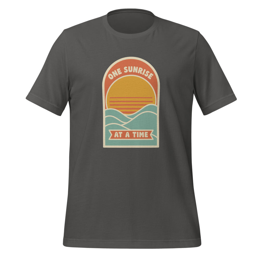 One Sunrise at a Time retro sunrise tee — Asphalt, front