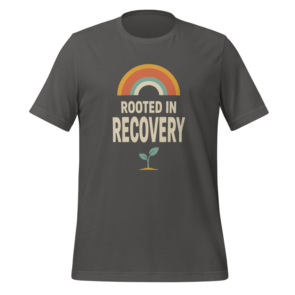 Rooted in Recovery retro rainbow tee — Asphalt, front