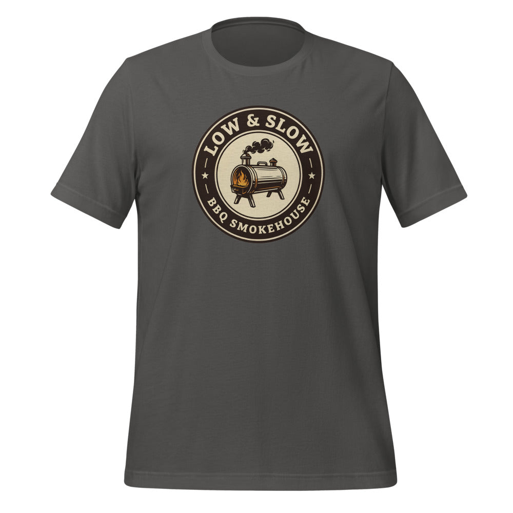 Low & Slow BBQ smoker tee — Asphalt, front