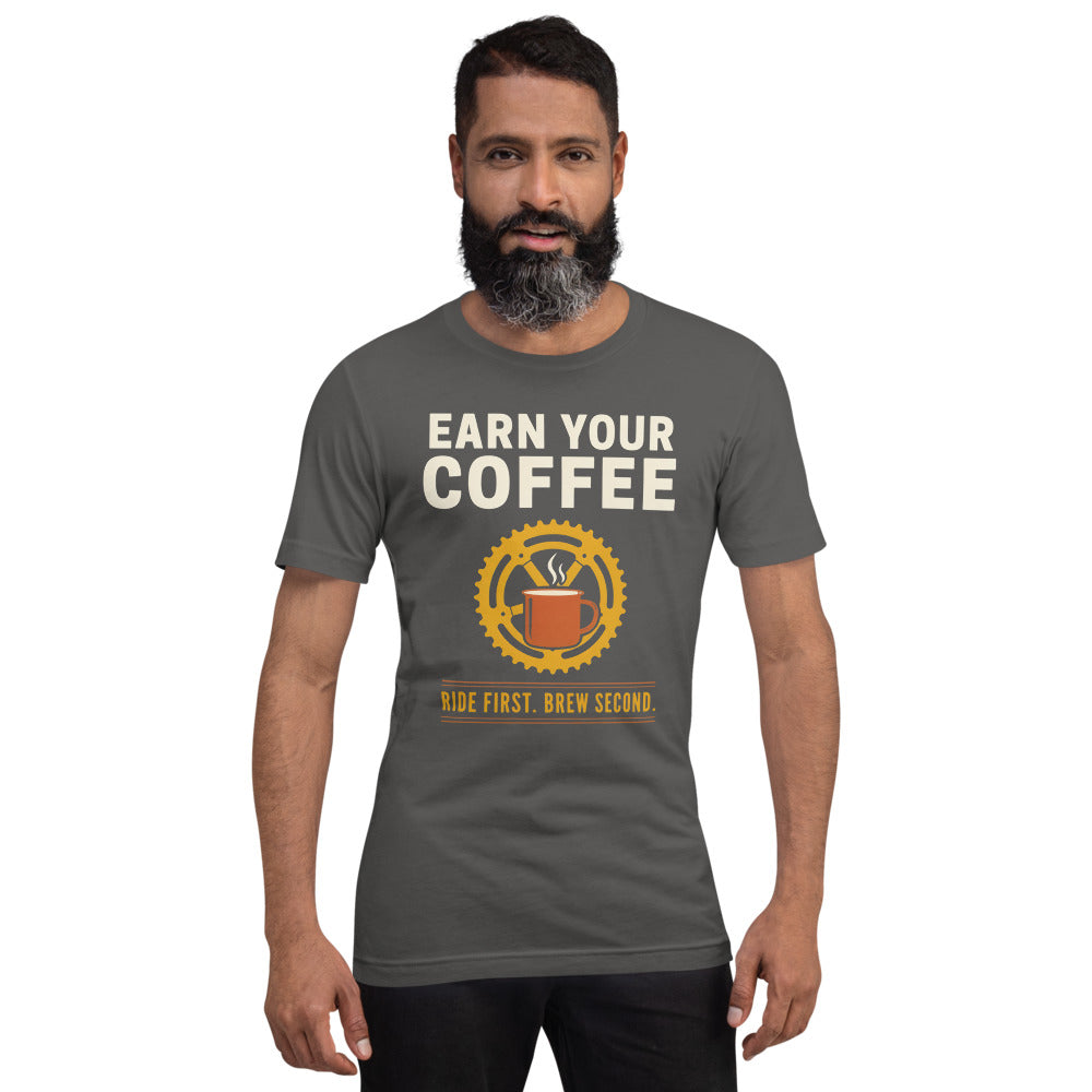Earn Your Coffee retro cycling coffee t-shirt — Asphalt, on model