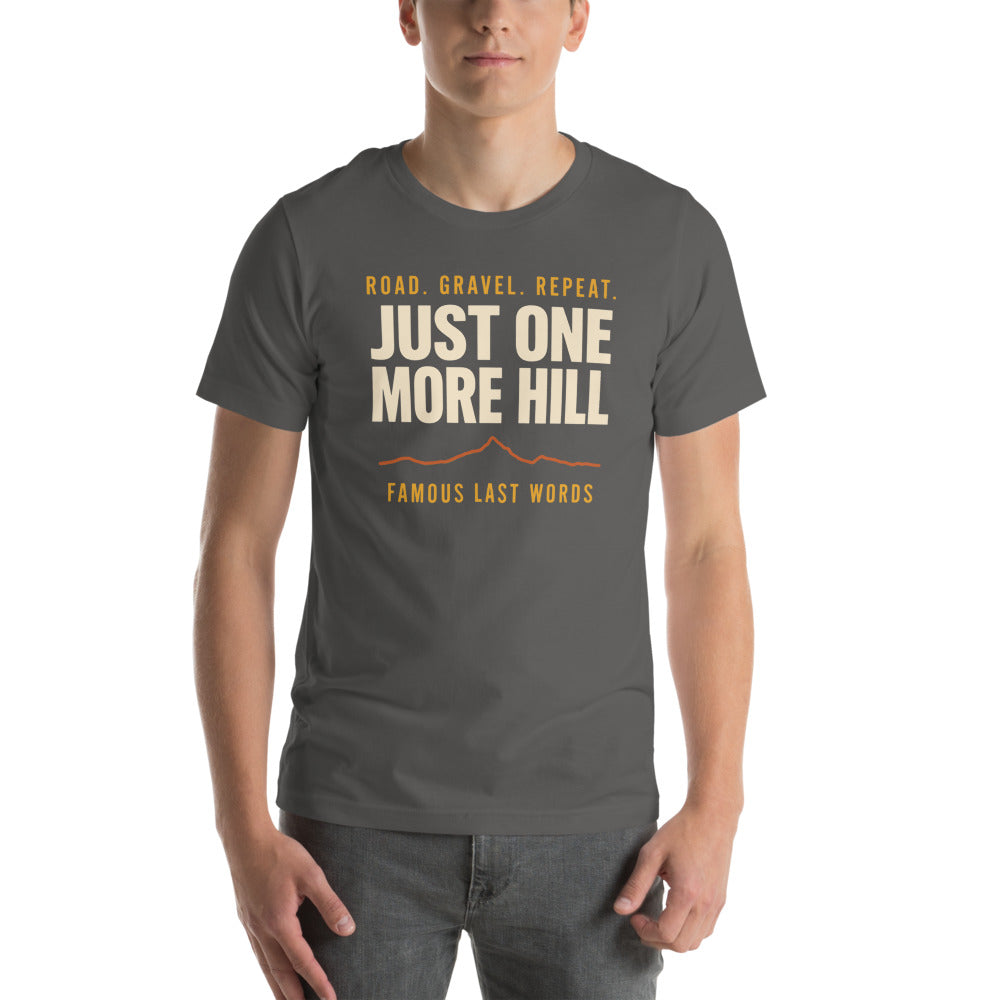 Just One More Hill retro cycling climb t-shirt — Asphalt, on model