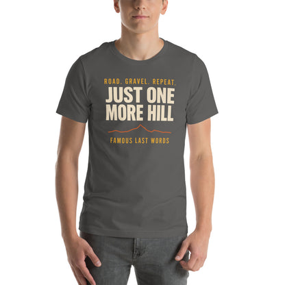 Just One More Hill retro cycling climb t-shirt — Asphalt, on model