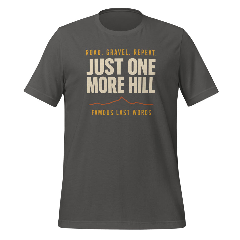 Just One More Hill retro cycling climb t-shirt — Asphalt, front