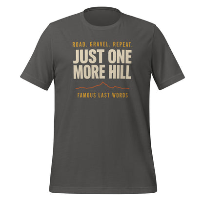 Just One More Hill retro cycling climb t-shirt — Asphalt, front