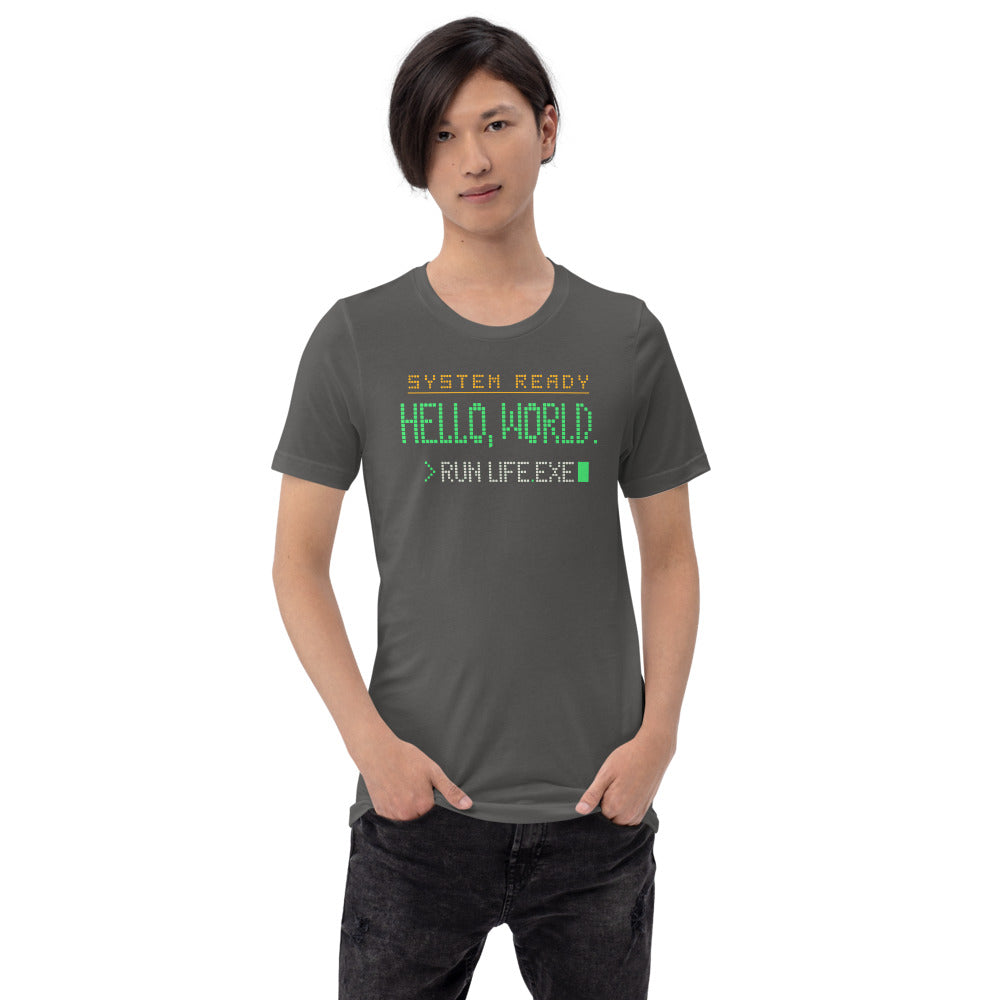 Hello World retro boot screen programmer tee — Asphalt, on model