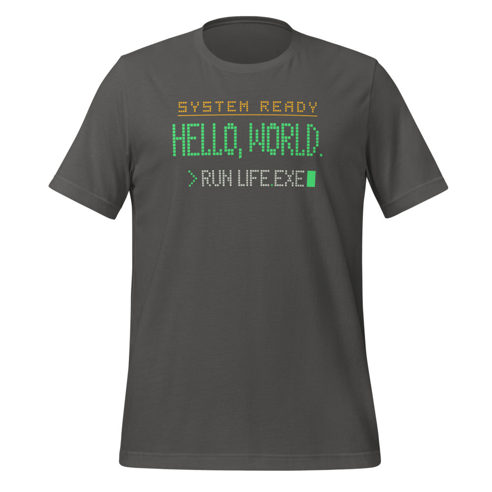 Hello World retro boot screen programmer tee — Asphalt, front