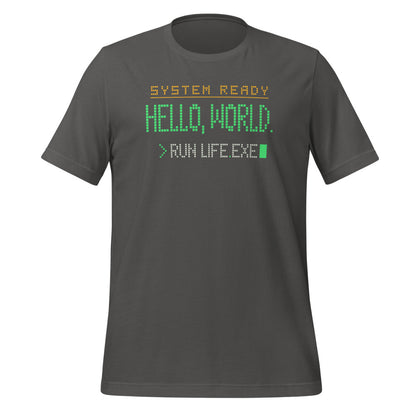 Hello World retro boot screen programmer tee — Asphalt, front