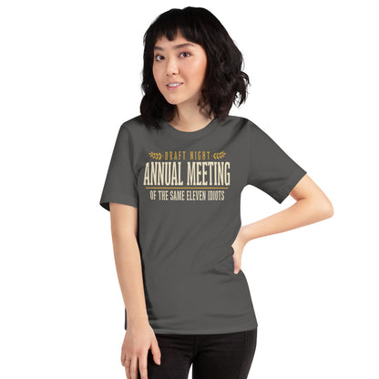 Annual Meeting of the Same Eleven Idiots funny fantasy football draft tee — Asphalt, on model