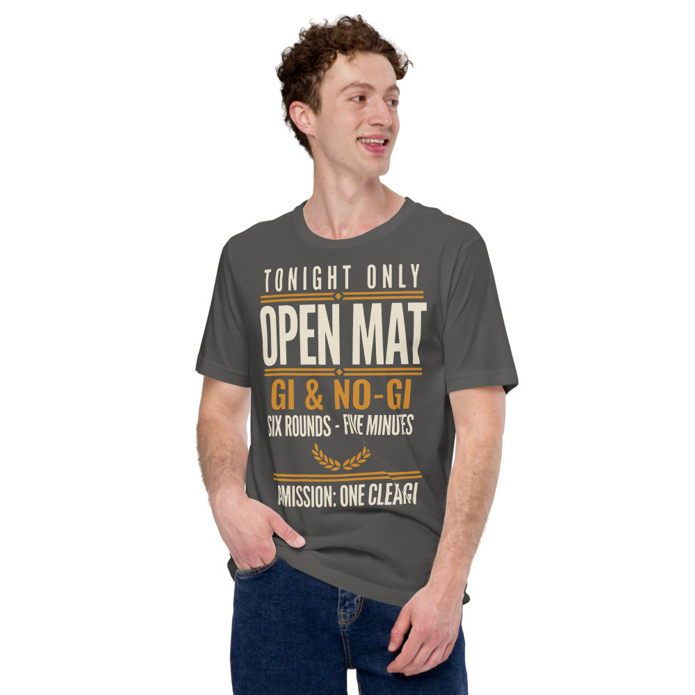Open Mat Tonight Brazilian jiu jitsu t-shirt — Asphalt, on model