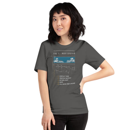 Reef System technical cutaway saltwater aquarium t-shirt — Asphalt, on model