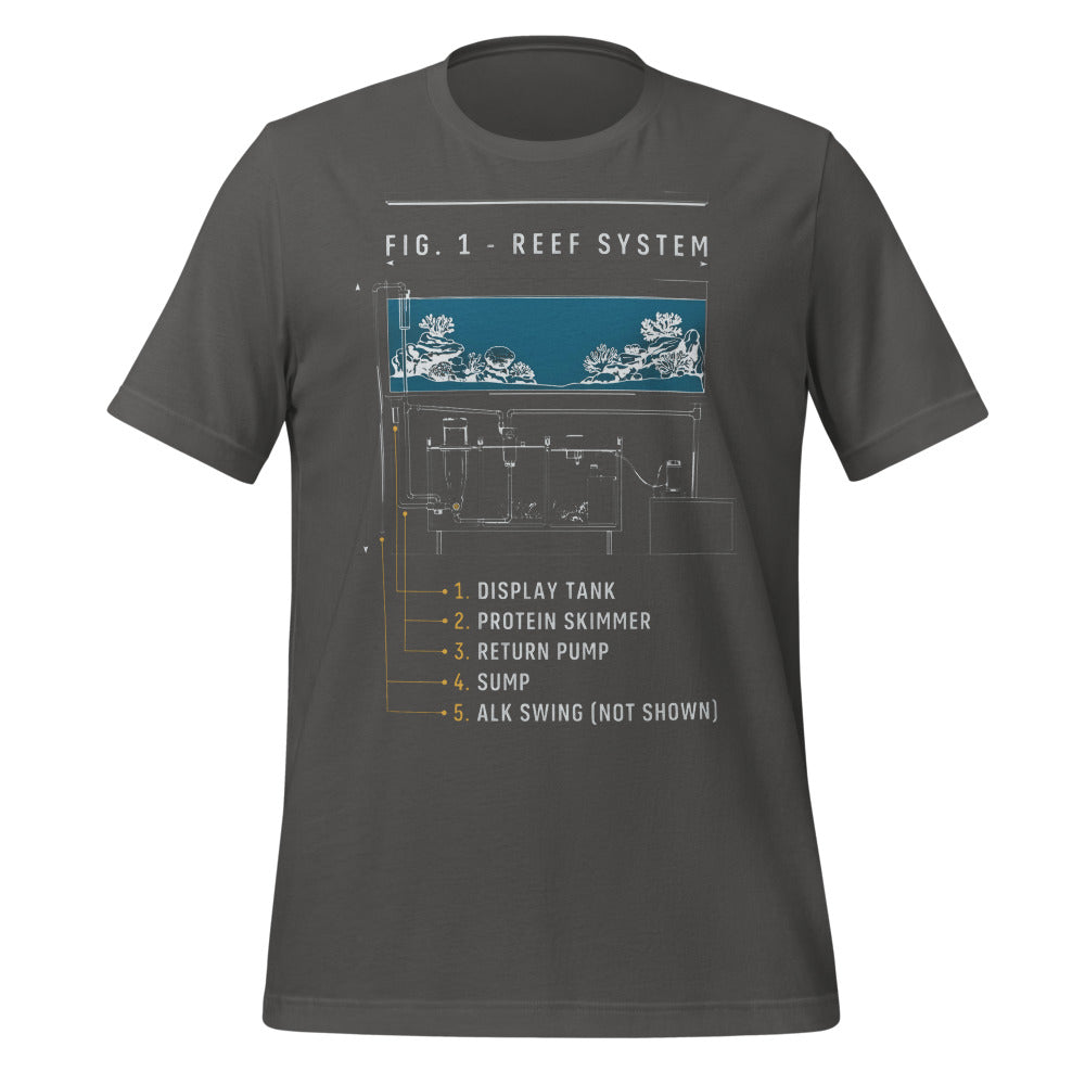 Reef System technical cutaway saltwater aquarium t-shirt — Asphalt, front
