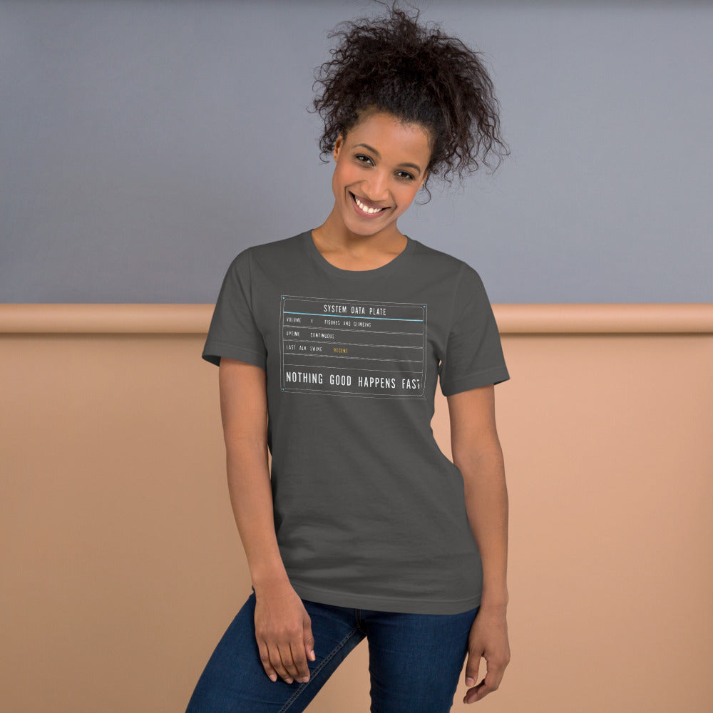 Nothing Good Happens Fast reef system data plate saltwater aquarium t-shirt — Asphalt, on model