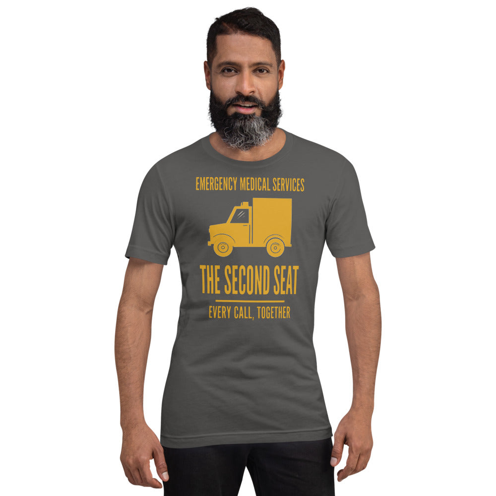 The Second Seat EMS paramedic tee — Asphalt, on model
