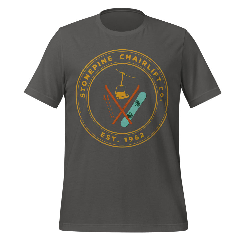 Stonepine Chairlift Co. retro vintage ski club badge t-shirt — Asphalt, front