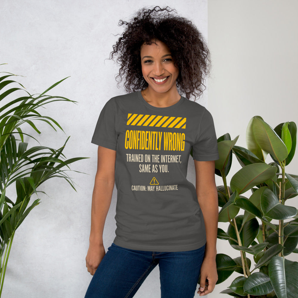 Confidently Wrong AI hazard-label unisex t-shirt — Asphalt, on model