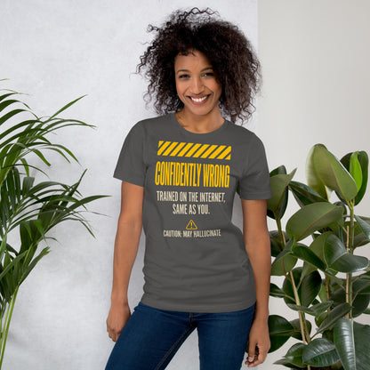 Confidently Wrong AI hazard-label unisex t-shirt — Asphalt, on model