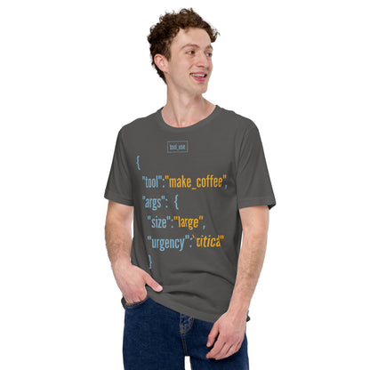 Tool Call Make Coffee AI engineer tee — Asphalt, on model