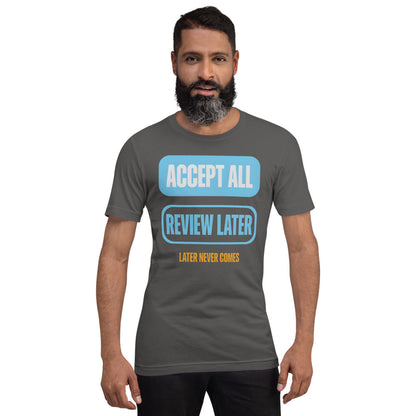 Accept All Review Later tee — Asphalt, on model