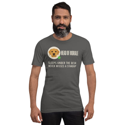 Head of Morale dog profile card unisex t-shirt — Asphalt, on model