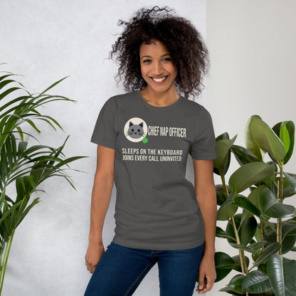 Chief Nap Officer cat profile card unisex t-shirt — Asphalt, on model