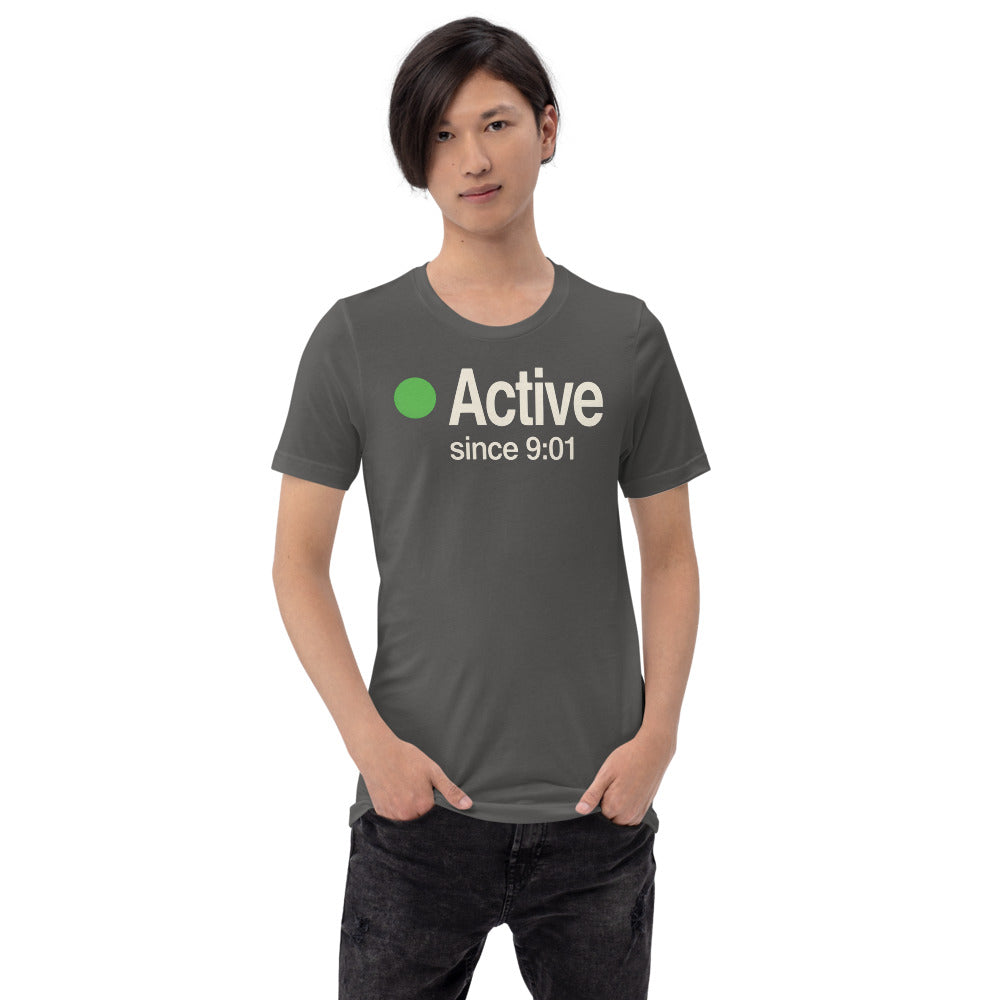 Active Since 9:01 presence status unisex t-shirt — Asphalt, on model