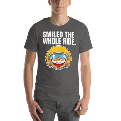 Smiled The Whole Ride funny motorcycle tee — Asphalt, on model