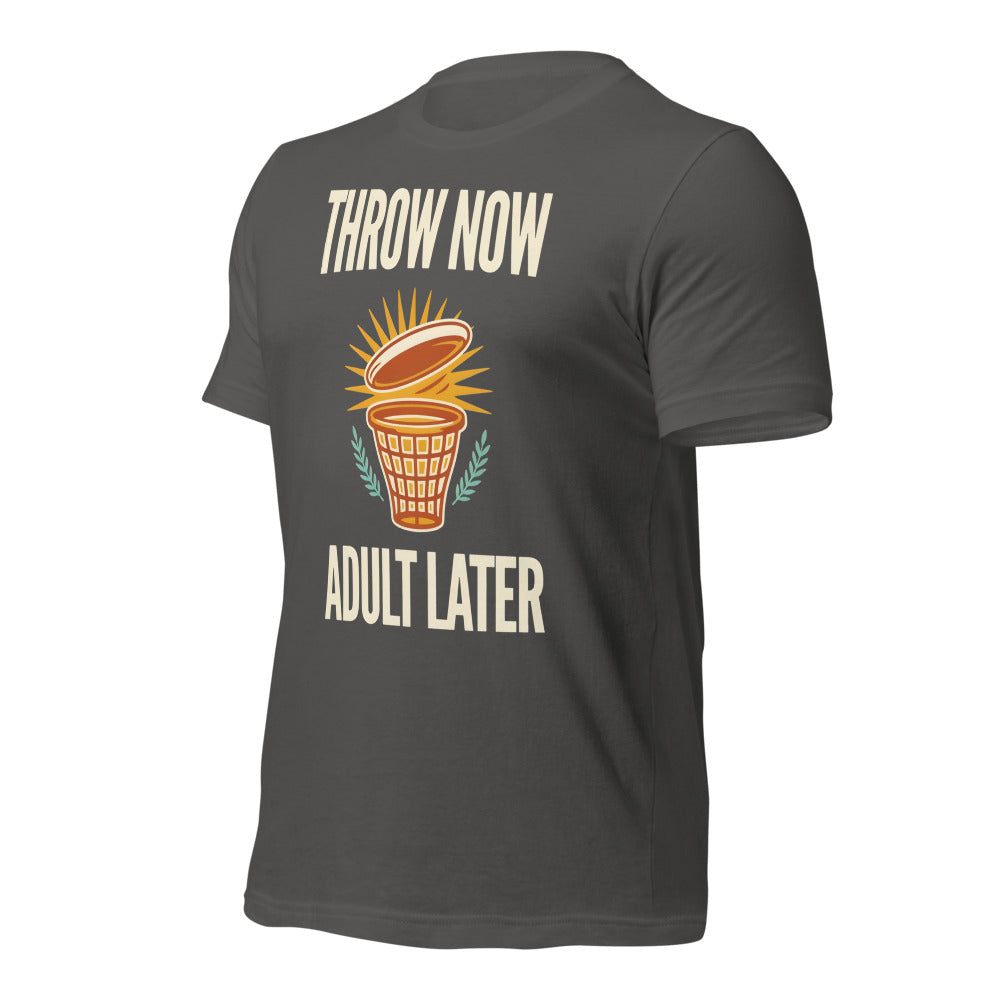 Funny disc golf shirt, Throw Now Adult Later disc golf retro tee — Asphalt, front-right