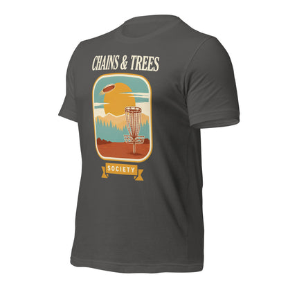 Chains & Trees Society disc golf retro landscape tee — Asphalt, front right