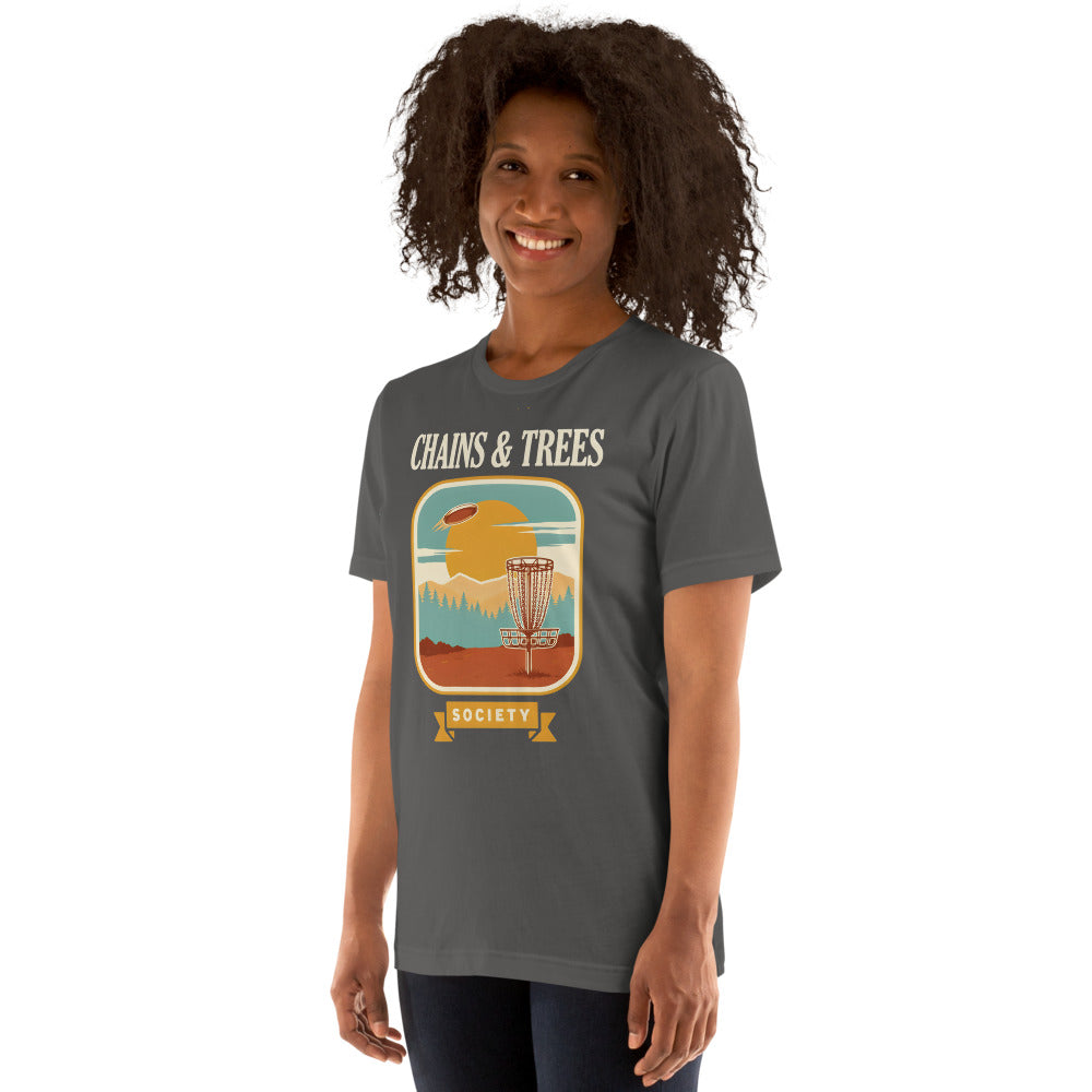 Chains & Trees Society disc golf retro landscape tee — Asphalt, model