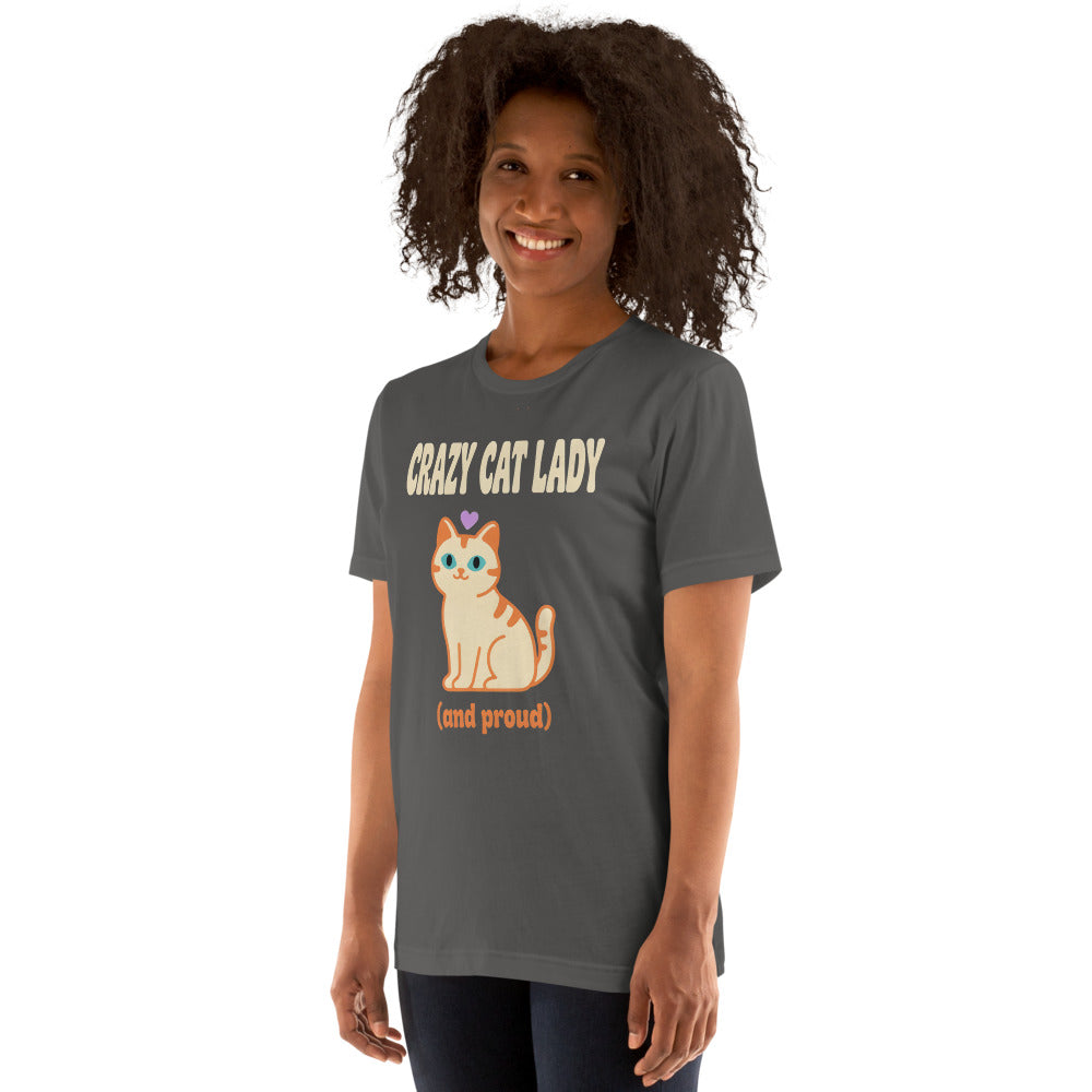 Crazy Cat Lady and Proud retro Y2K tee — Asphalt, on model