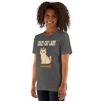 Crazy Cat Lady and Proud retro Y2K tee — Asphalt, on model