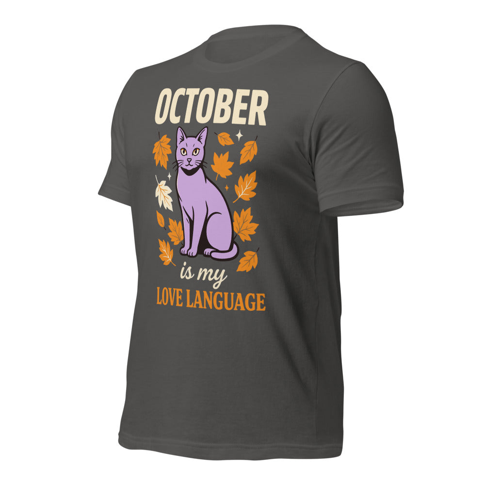 October Is My Love Language retro Halloween black cat tee — Asphalt, front right