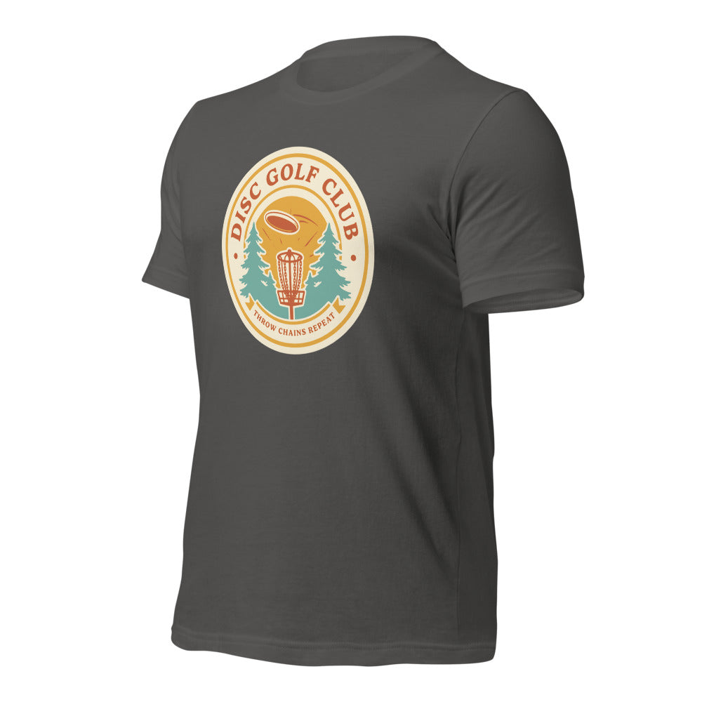 Disc Golf Club retro badge tee — Asphalt, front-right