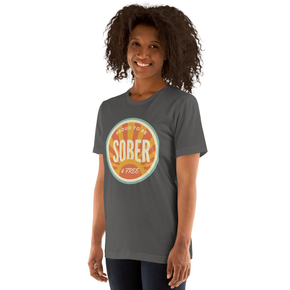 Sober & Proud retro sunburst tee — Asphalt, on model
