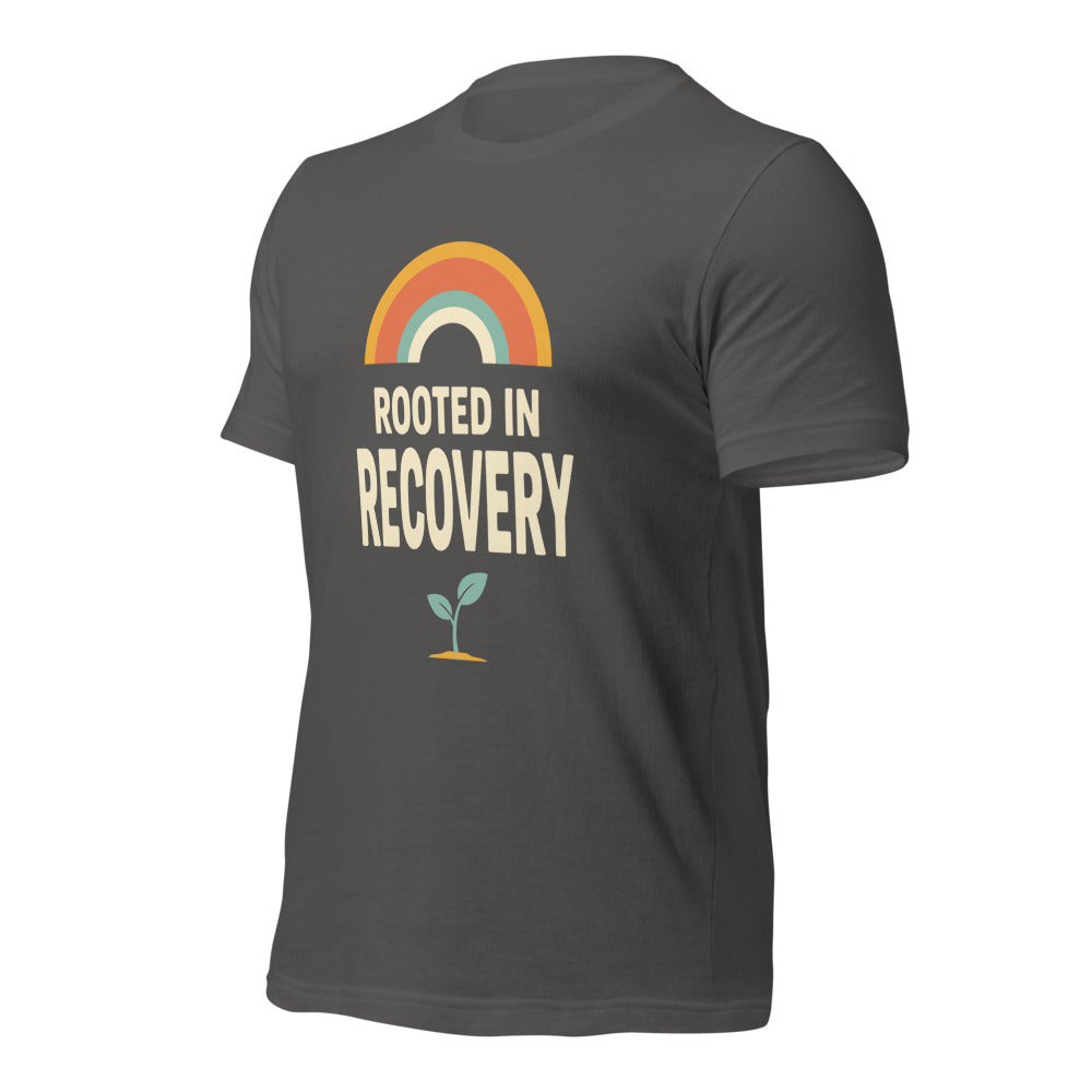 Rooted in Recovery retro rainbow tee — Asphalt, front-right