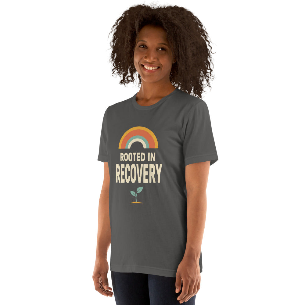 Rooted in Recovery retro rainbow tee — Asphalt, on model